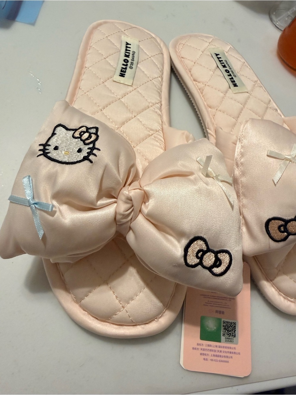 Hello Kitty Satin Bow Slide Slippers - Pale Pink, size 9